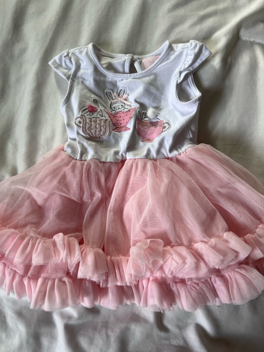Carter's White and Pink Bunny Tea Dress with Tulle Accents